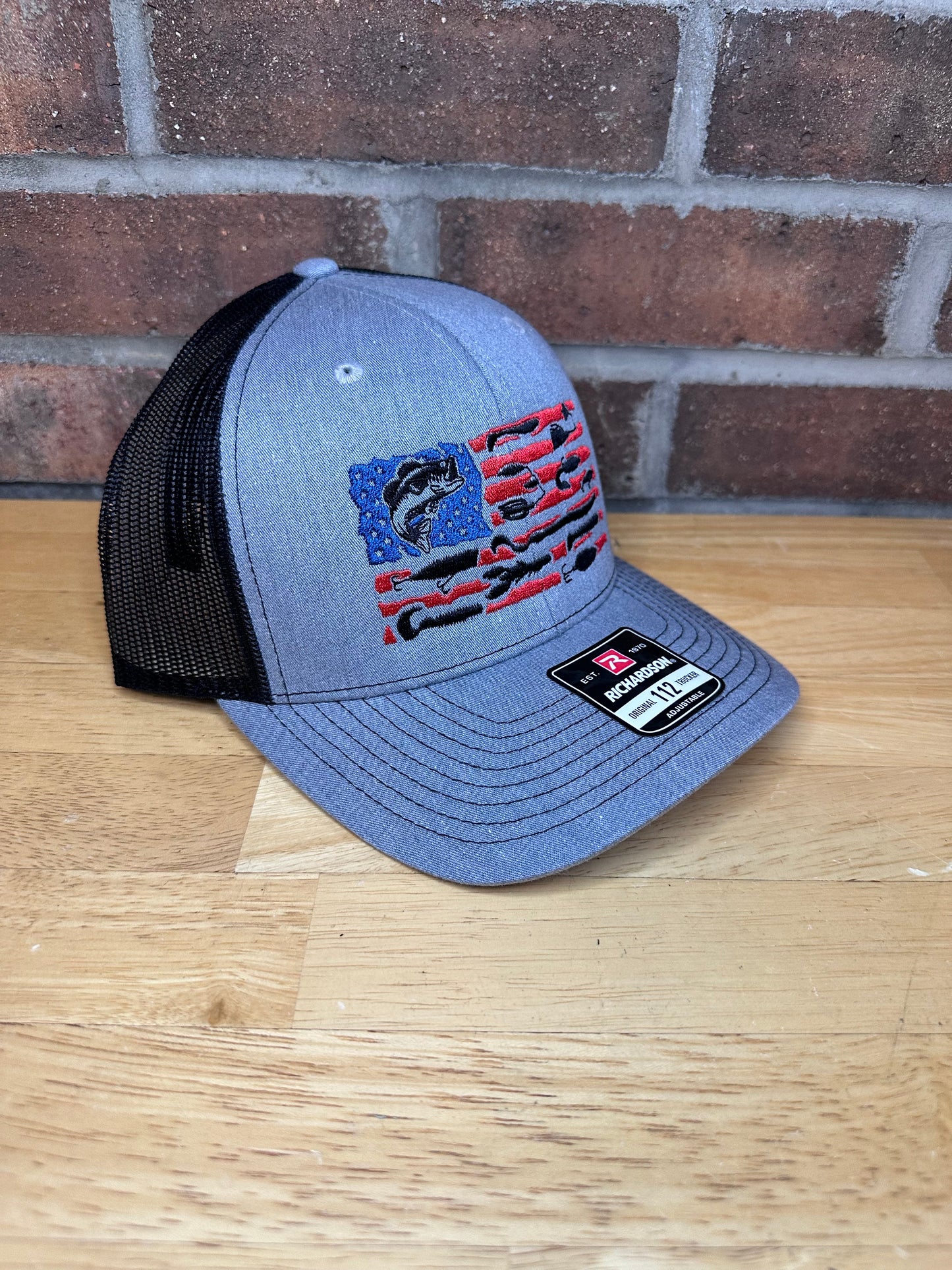 Embroidered Bass Fishing USA Hat - American Flag Fishing Lures Trucker