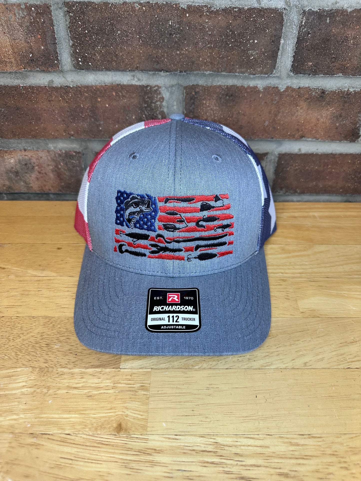 Embroidered Bass Fishing USA Hat - American Flag Fishing Lures Trucker