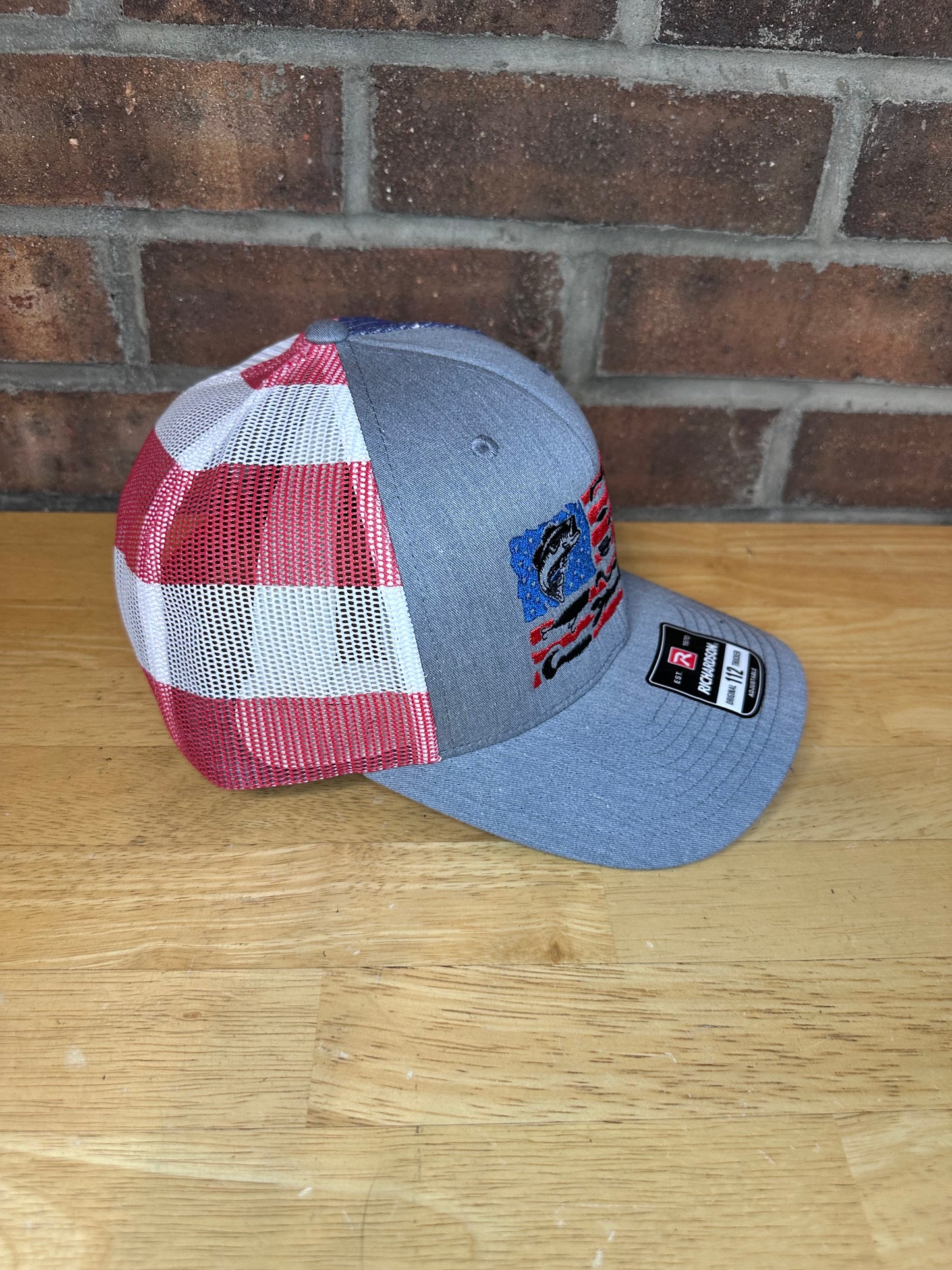 Embroidered Bass Fishing USA Hat - American Flag Fishing Lures Trucker