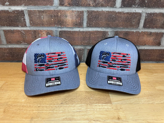 Embroidered Bass Fishing USA Hat - American Flag Fishing Lures Trucker