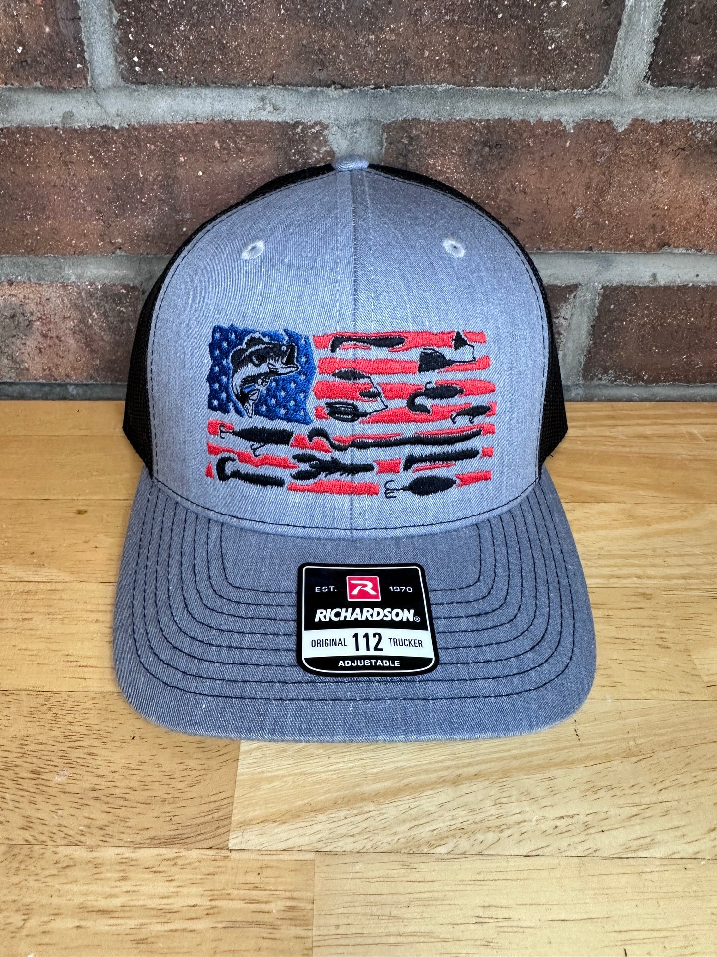 Embroidered Bass Fishing USA Hat - American Flag Fishing Lures Trucker